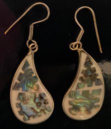 Vintage Pair Of Teardrop Earrings Enamel & Abalone Front - Alpaca Mexico Silver Tone Back