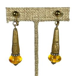 Pair Ethnographic Brass And Amber Clip Earrings