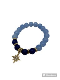 Real Stone & Lapis Beaded Bracelet With Gold Tone Charm