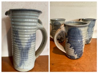 Pottery Pitcher With Six Matching Mugs, Signed