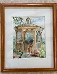 Watercolor Paiting Of Gazebo And Cello Signed Carol Kelly Local Artist 18x22 Matted Framed