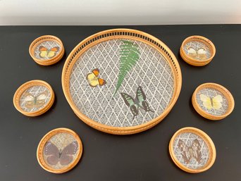 Mid Century Butterfly Theme Glass & Bamboo Tray And Coaster Set