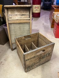 Vintage Wooden Box & Washboard