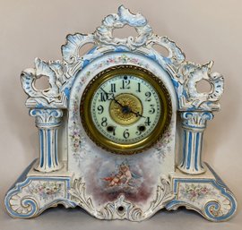 Antique Waterbury Mantle Clock Patent 1891 - French Porcelain Case Made In France - Romantic Floral Cherubs