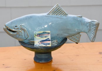 Grand Blue Ceramic Fish With Hand Painted Tile And Glazed Bowl