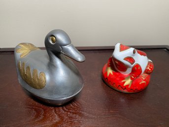 Pewter Duck Box And Painted Frog By Arden