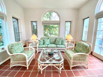 Vintage Six Piece Rattan Set In Custom Floral Quilted Upholstery & Pair Wicker Lamps