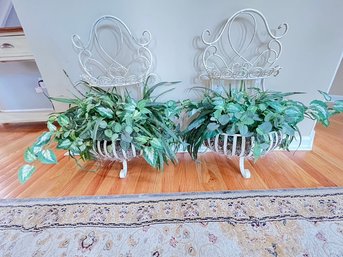 Pair Of Matching Iron Two Shelf Units W/faux Plants