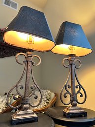 Pair Metal Base Lamps W/ Green Shades