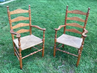 Pair Ladderback Rush Seat Arm Chairs