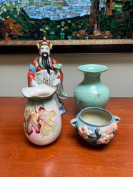 Vintage Roseville Sugar Bowl, Vases & General Kwan Statue