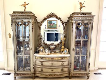 Very Special Louis XVI Style French Vanity With Two Beveled Glass Side Cabinets