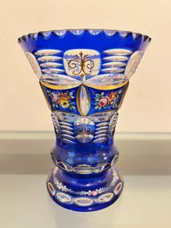 Venetian Cobalt Cut To Clear, Facetted, With Hand Painted Decoration Vase