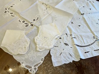 Battenburg Lace Lot, Mixed Sized Table Cloth And Doilies