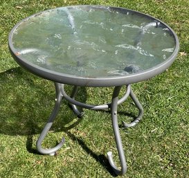 Outdoor Round Metal Table, Embossed Glass Design Top