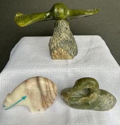 Three Vintage Carved Stone Pieces: Native American Lifeline Bear, Owl, Swan Signed On Bottom