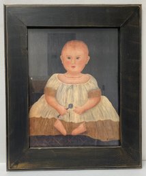 Folk Art Print - Baby With Rattle By P Meyers - Matching Decorated Wooden Frame