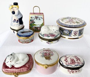 Lot Of 8 Trinket Boxes: Limoges, Halcyon Days, Delft Blue, Staffordshire, England, Chamart, France, Falcon