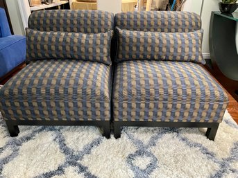 Pair Of Custom Made Blue & Beige Armless Upholstered Chairs