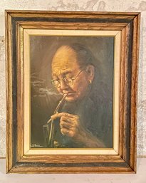Vintage Oil On Canvas Asian Man W/ Pipe Signed C.K. Har