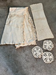 Hand Crocheted Full Size Bed Cover With Dresser Runner, & 3 Doilies