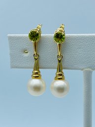Gorgeous 14k Yellow Gold Peridot & Pearl Drop Earrings