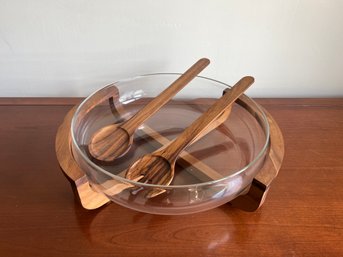 Crate & Barrel Glass On Wood Salad Bowl