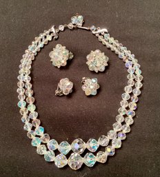 Vintage Iridescent Beaded Necklace And Earrings Set