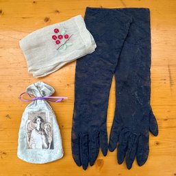 Grouping Of Vintage Women's Fashion Black Lace Gloves, Embroidered Linen Handkerchief And Satchel