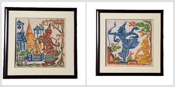 A  Pair Of Thai Batik Prints On Fabric - Framed
