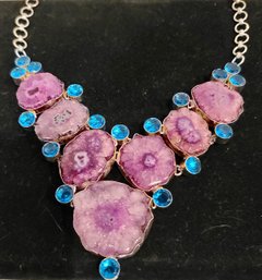 Pink Agate Stone Necklace With Blue Topaz? Accents And Sterling Clasp