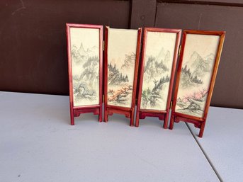 Vintage Mini Asian 4 Double Sided Folded Panel Scenic Motif Screen