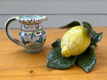 Italian Ceramic Lemon And Hand Painted Pitcher