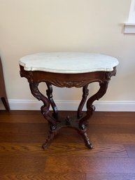 Vintage Carved Oval Table With Marble Top