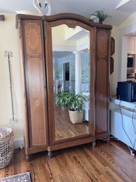 Vintage Inlaid Wood Mirrored Door Armoire With Storage *******Please See Notes Description