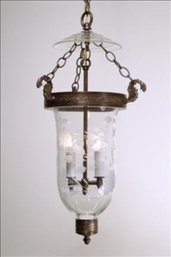 An Oxshott Collection English Pendant -  Brass And Floral Etched Glass  - Bell Jar