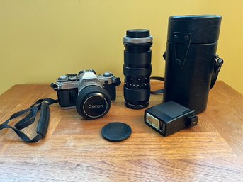 Canon AE-1 With 50mm Canon Lens, Vivitar 75-205mm Zoom, Flash & Tripod