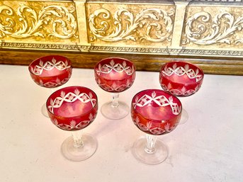Set Of 5 Cranberry Cut To Clear Glasses