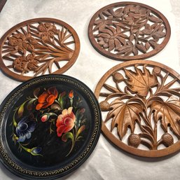 Set Of Three Round Vintage Floral Chinese Carvings With Matching Tray