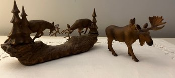 Carved Fighting Stags Mantle Piece And Moose Figure