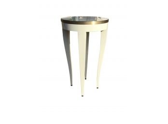 Donghia Essence Tall Round Side Table, Cream Lacquer And Brass Trim Details, Glass Top