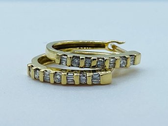 14k Yellow Gold Hoop Earrings W/ Baguette & Round Diamonds