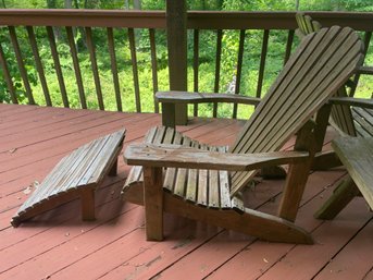 Pair Of Teak Adirondack Lounge Chairs With Ottoman Footrests And Table