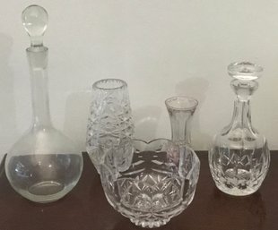 5 Piece, Cut Crystal, Decanters, Vases & Bowl