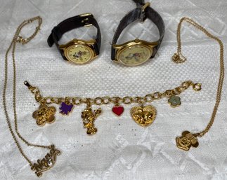 Lot Jewelry & Lorus Watches - Disneys Mickey Minnie Mouse - Charm Bracelet, Minnie Necklace, Nana Necklace