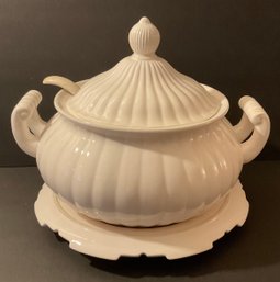 Vintage White Ceramic Soup Tureen, Under Plate  & Ladle