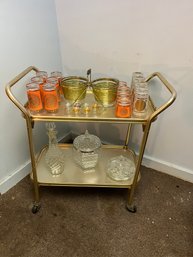 Vintage Bar Cart With Vintage Glasses & Culver Toledo Green Double Icebucket With Caddy & More