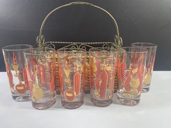 Culver MCM Glasses In Wire And Wicker Tote