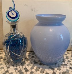 Crystal Vase With Funky Stopper And Blue Stones With Light Blue Glass Vase