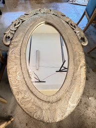 Silver Plate Encased Mirror, Hand Engraved And Tooled, Hammered, With Florets And Applied Pediment